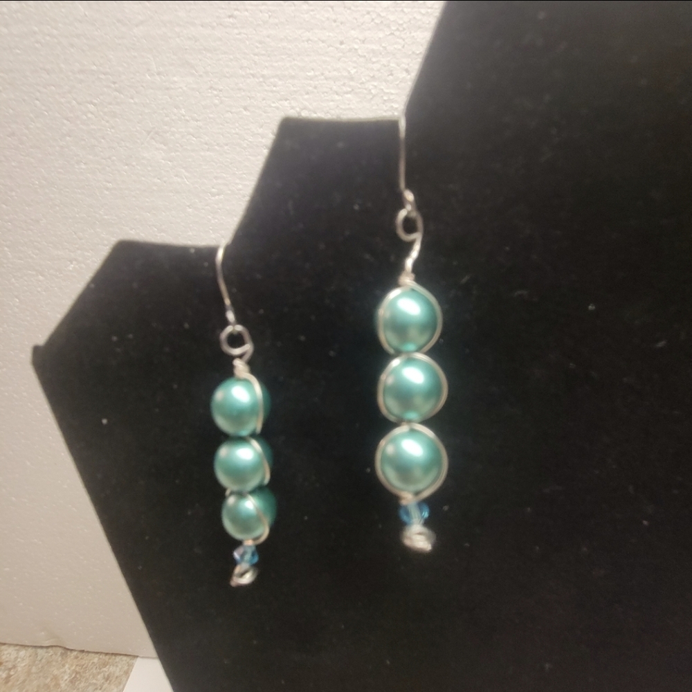 Handcrafted Silver and 3 Green Faux Pearl and Blue Bicone Earrings - Picture 2 of 6